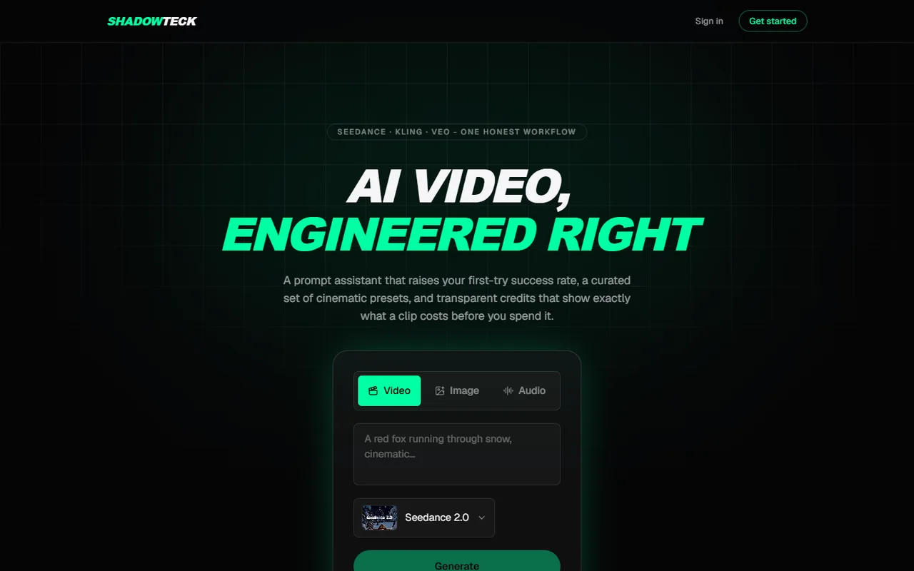 ShadowTeck: Platforma za generiranje AI videa s asistentom za promptove, filmskim predlošcima i transparentnim kreditima.